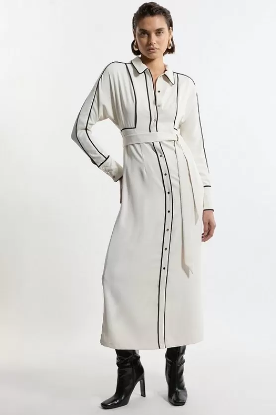 Best Karen Millen Petite Twill Contrast Piping Woven Midi Dress neutral