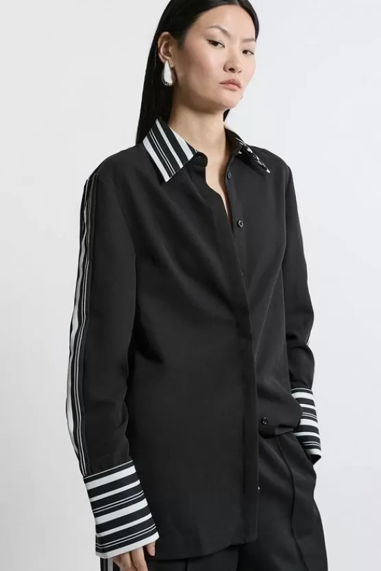 New Karen Millen Petite Twill Stripe Detail Shirt black