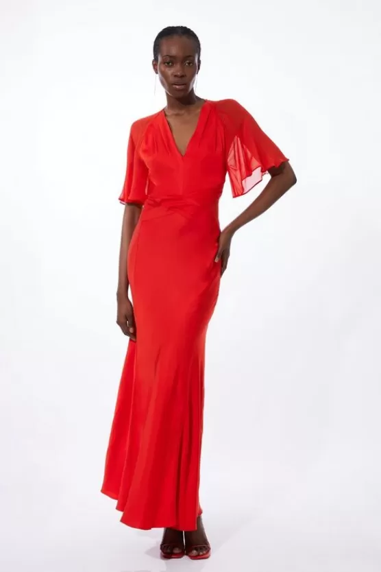 Cheap Karen Millen Petite Twist Front Satin And Georgette Mix Woven Maxi Dress red