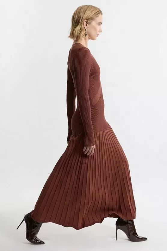 Discount Karen Millen Petite V Neck Elevated Rib Knit Full Skirt Midi Dress toffee