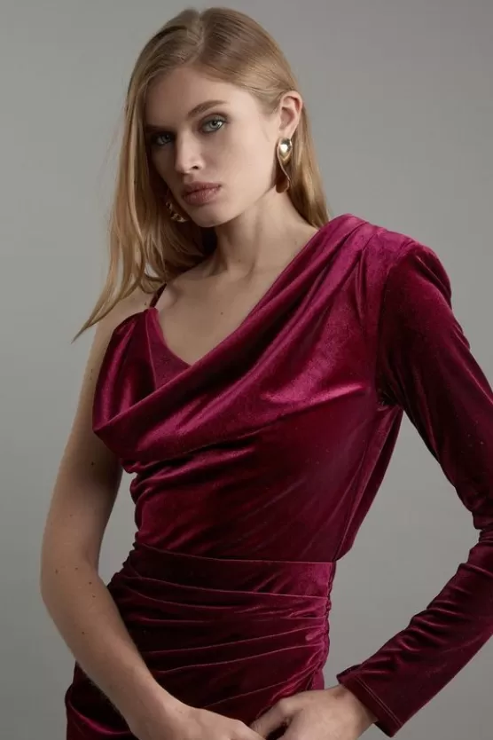 Online Karen Millen Petite Velvet Asymmetric One Shoulder Tailored Maxi Dress merlot