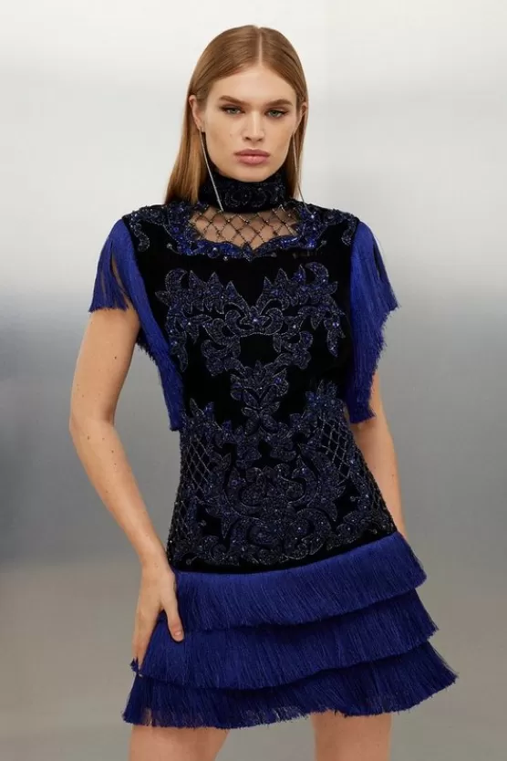 Discount Karen Millen Petite Velvet Baroque Fringe Woven Mini Dress blue