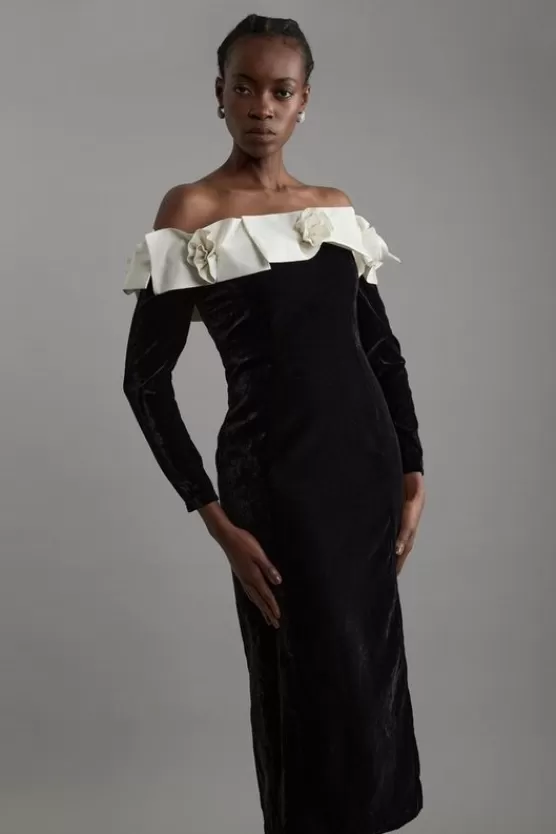 Fashion Karen Millen Petite Velvet Off The Shoulder Bodycon Woven Midi Dress With Taffeta Rosette black