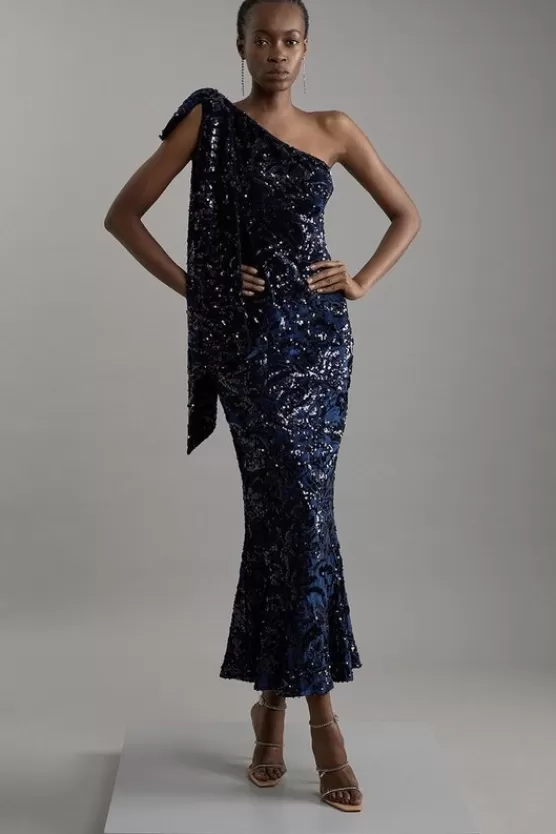 Shop Karen Millen Petite Velvet Sequin One Shoulder Woven Maxi Dress navy