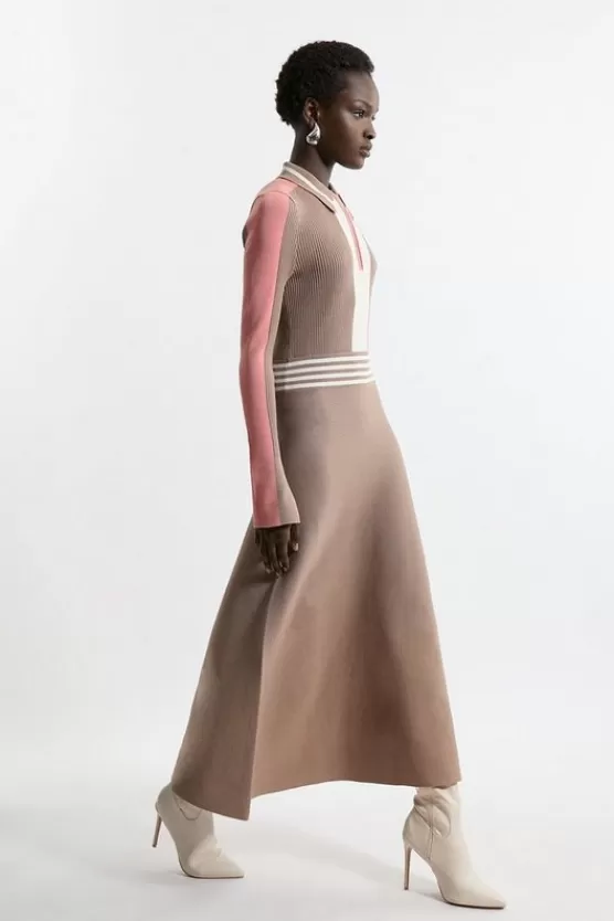 Shop Karen Millen Petite Viscose Blend Color Block Knit Midaxi Dress neutral