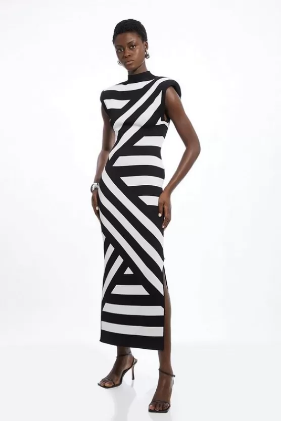 Outlet Karen Millen Petite Viscose Blend Jacquard Stripe Power Shoulder Knit Midaxi Dress mono