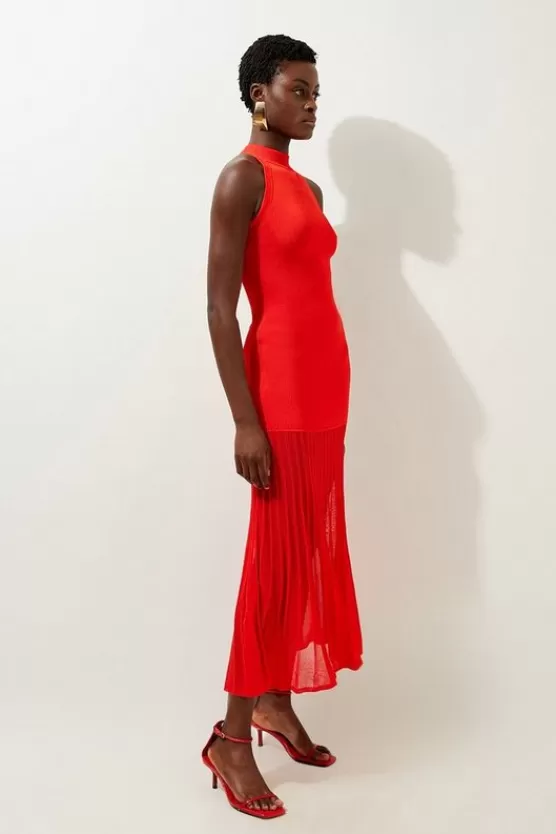 Store Karen Millen Petite Viscose Blend Knit Halter Neck Sheer Skirt Maxi Dress red