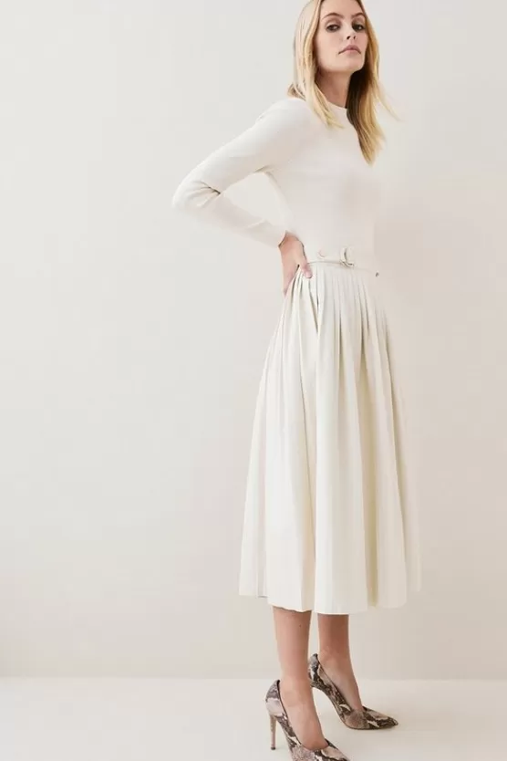 Online Karen Millen Petite Viscose Blend Knit Pu Pleated Skirt Maxi Dress cream