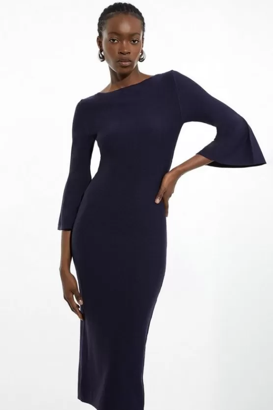 Best Karen Millen Petite Viscose Blend Look Knit Midi Dress With Fluted Sleeve navy