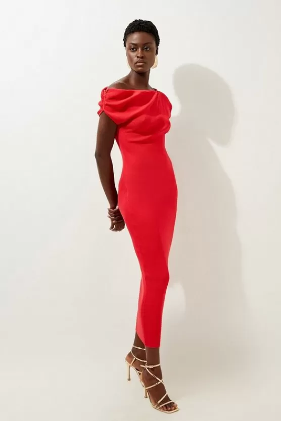 Flash Sale Karen Millen Petite Viscose Blend Rib Knit Off The Shoulder Midaxi Dress firered
