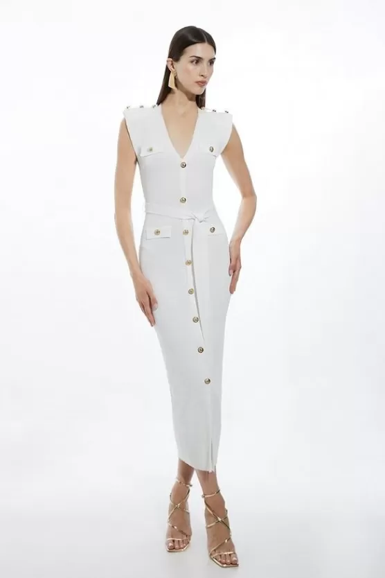 Best Karen Millen Petite Viscose Blend Rib Strong Shoulder Military Trim Knit Midaxi Dress cream