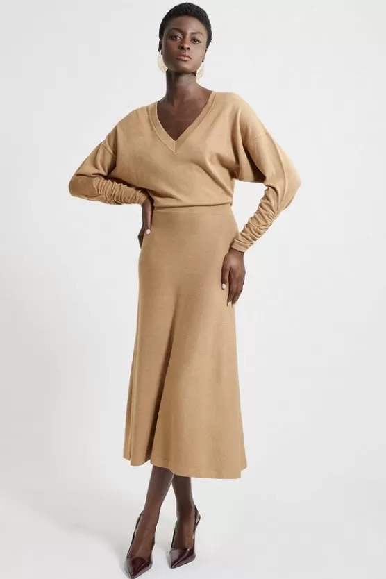 Fashion Karen Millen Petite Viscose Blend V Neck Knit Midi Dress camel