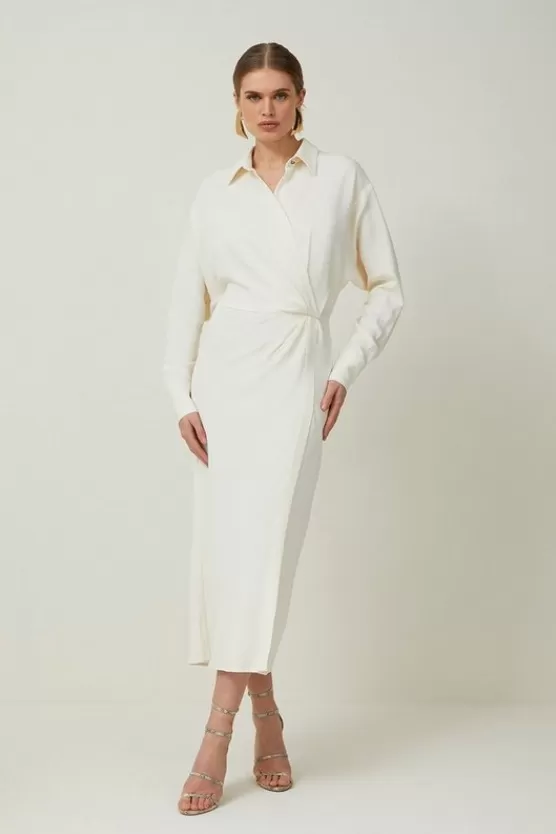 Online Karen Millen Petite Viscose Crepe Long Sleeve Woven Midi Shirt Dress cream