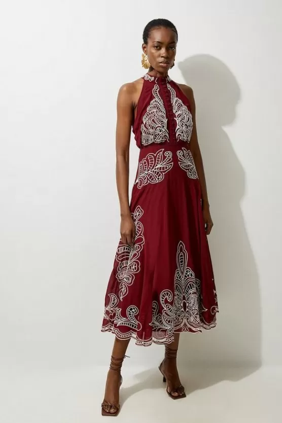 Online Karen Millen Petite Viscose Georgette Placed Cutwork Halter Woven Midi Dress wine