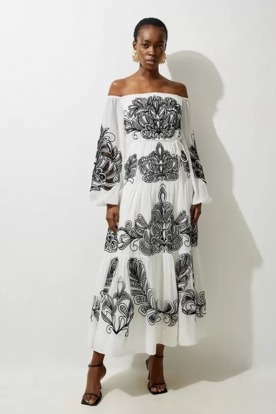 Discount Karen Millen Petite Viscose Georgette Placed Cutwork Off The Shoulder Woven Maxi Dress mono