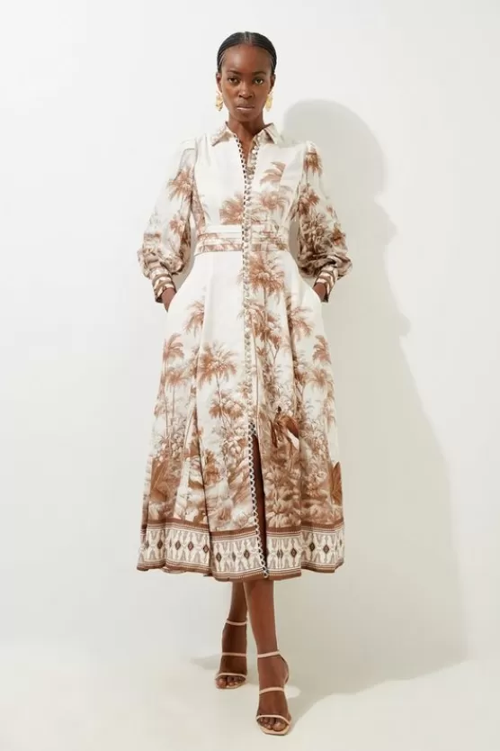 Best Sale Karen Millen Petite Viscose Linen Scenic Placed Print Balloon Woven Shirt Dress neutral