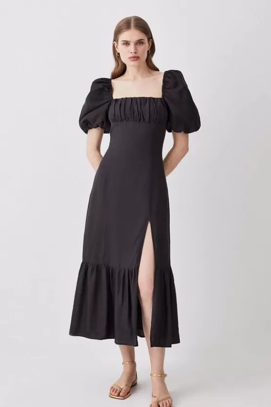 Outlet Karen Millen Petite Viscose Linen Woven Puff Sleeve Midi Dress black