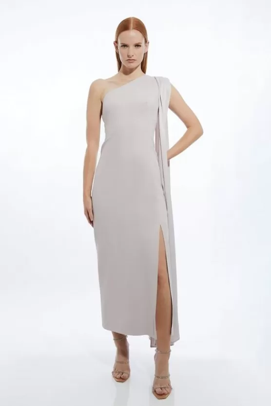 Fashion Karen Millen Petite Viscose Satin Back Crepe Tailored One Shoulder Cape Maxi Dress silver