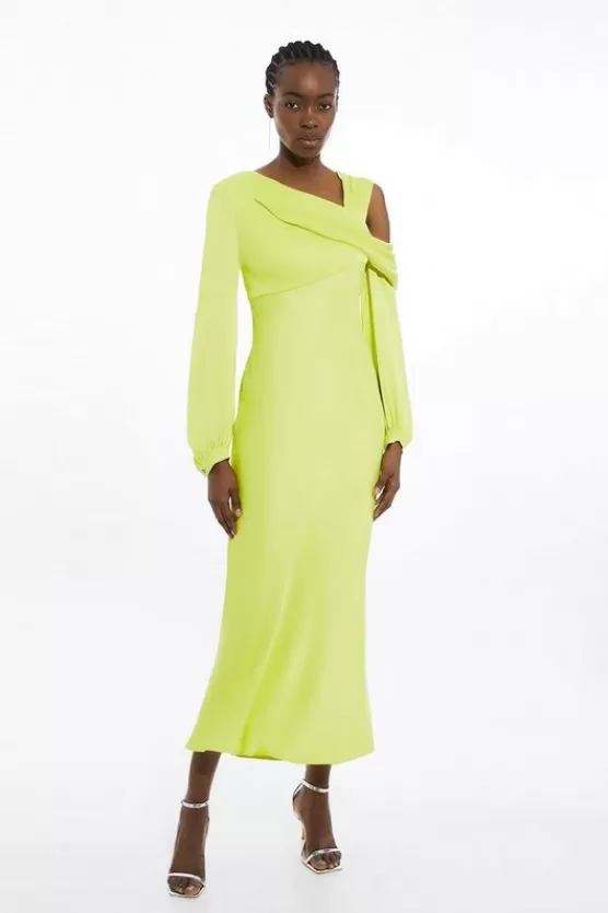 New Karen Millen Petite Viscose Satin One Shoulder Draped Midi Dress lime