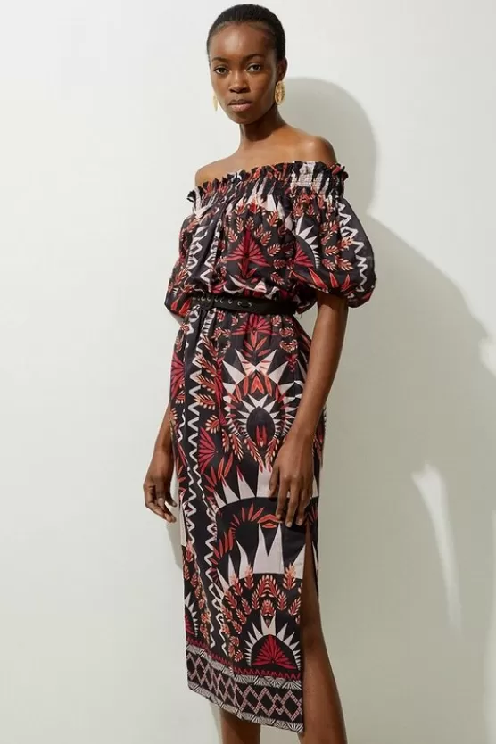 Shop Karen Millen Petite Voile Mirrored Batik Belted Off The Shoulder Midaxi Dress black