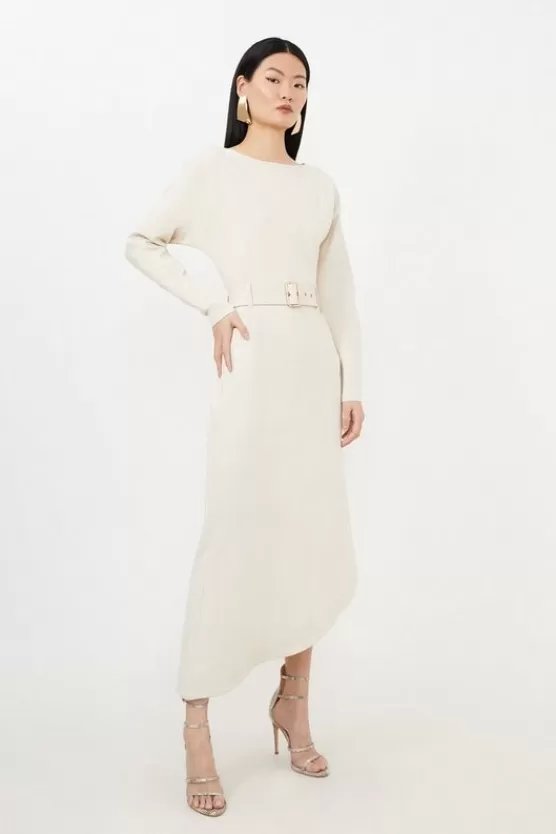 New Karen Millen Petite Waterfall Hem Belted Ponte Jersey Maxi Dress cream