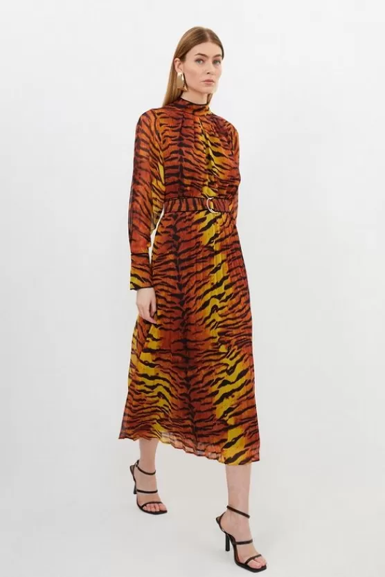 Shop Karen Millen Petite Wild Tiger Printed Georgette Woven Midi Dress orange