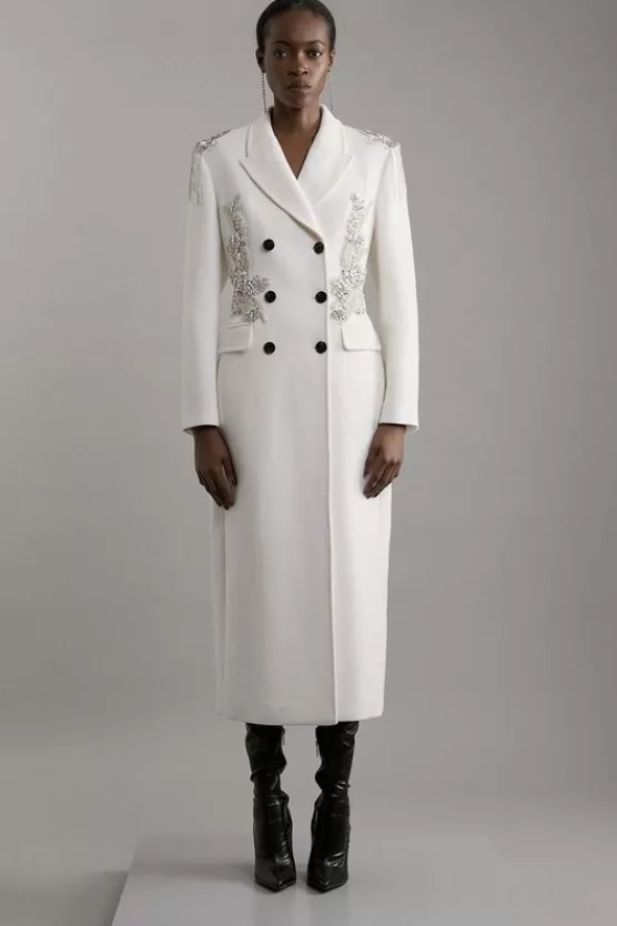 Outlet Karen Millen Petite Wool Blend Crystal Embellished Double Breasted Tailored Maxi Coat ivory