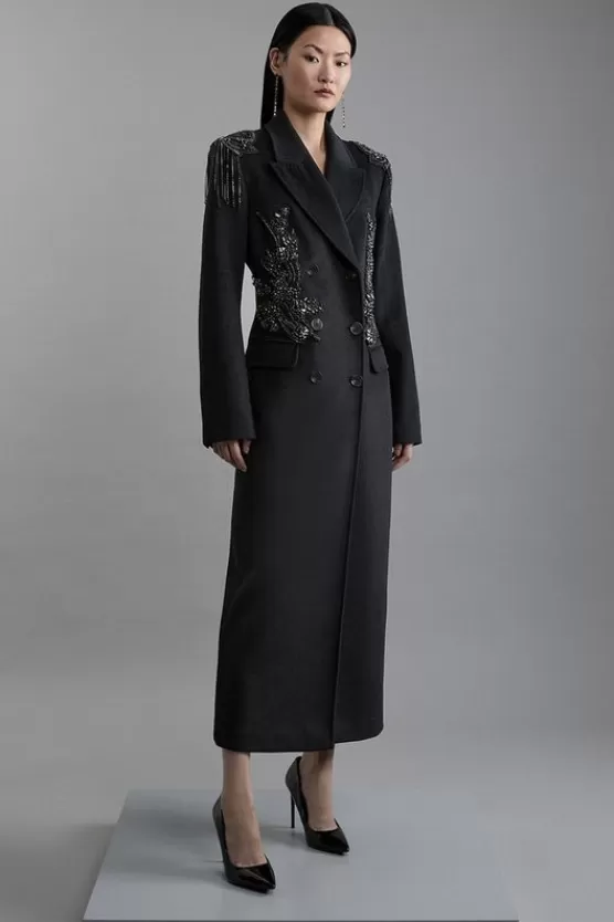 Online Karen Millen Petite Wool Blend Crystal Embellished Double Breasted Tailored Maxi Coat black
