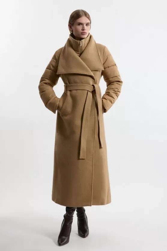 Cheap Karen Millen Petite Wool Blend Hybrid Puffer Belted Midi Coat camel