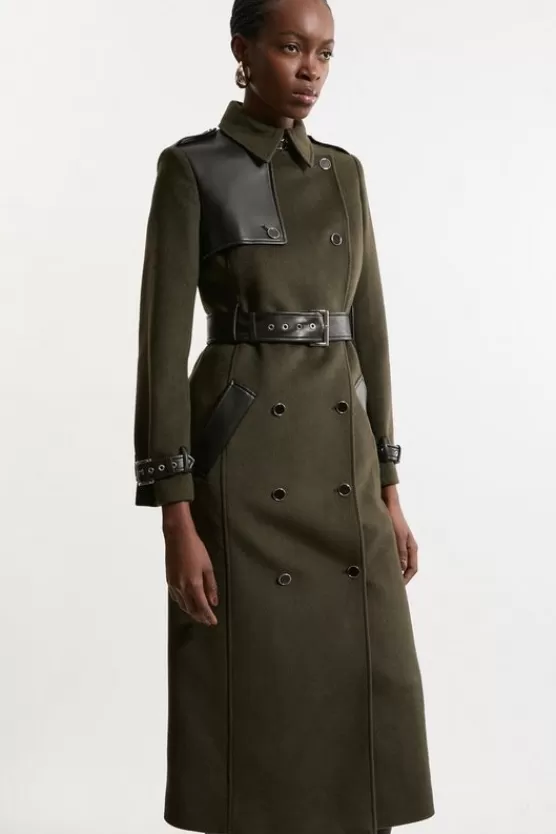 Clearance Karen Millen Petite Wool Blend Pu Trim Belted Tailored Coat khaki