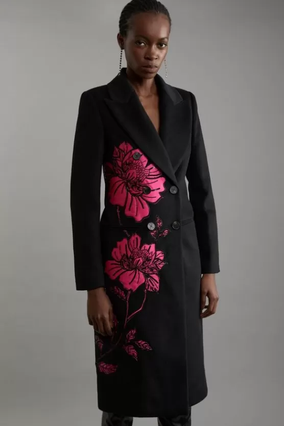 Best Karen Millen Petite Wool Blend Taffeta Applique Embellished Double Breasted Tailored Coat black