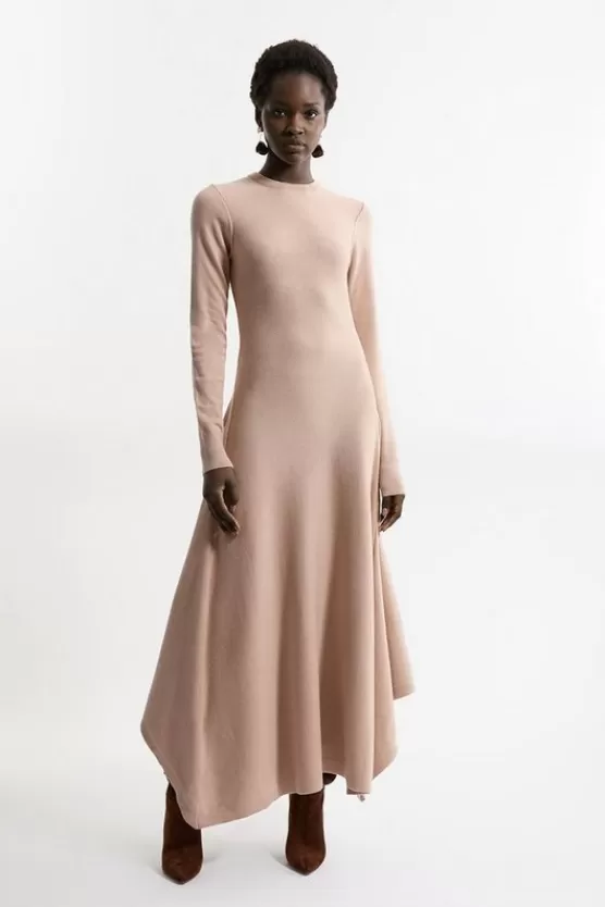 Outlet Karen Millen Petite Wool Look Hanky Hem Midaxi Knit Dress camel