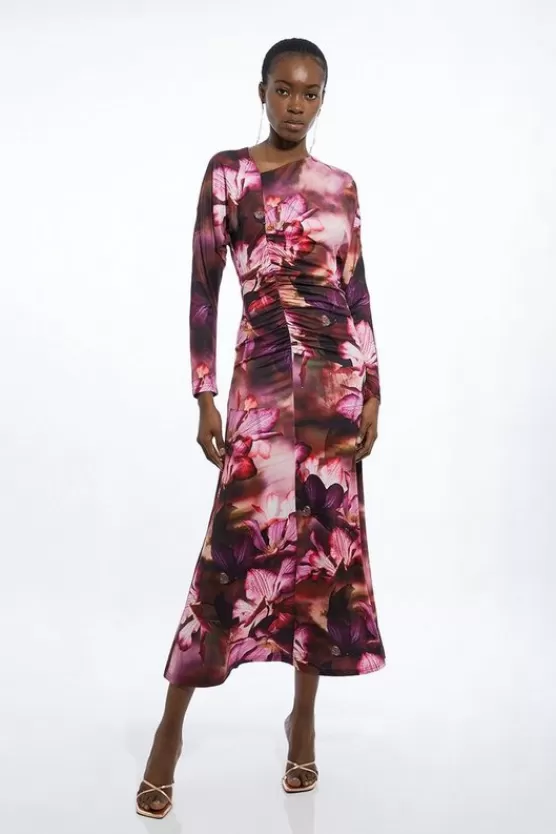 New Karen Millen Photographic Printed Asymmetric Jersey Crepe Maxi Dress floral