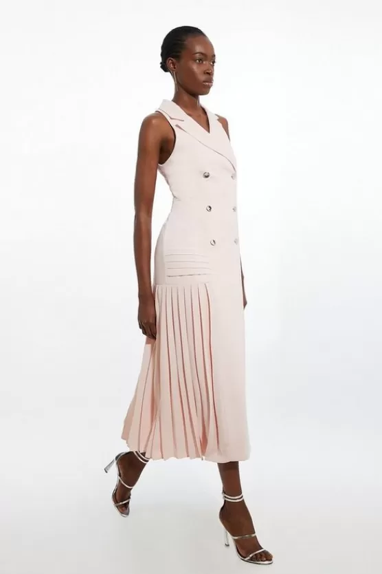 Cheap Karen Millen Pleated Button Detail Sleeveless Woven Midi Dress blush