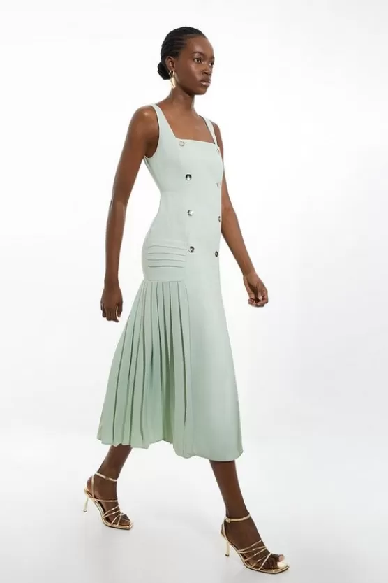 Outlet Karen Millen Pleated Button Detail Strappy Woven Midi Dress sage