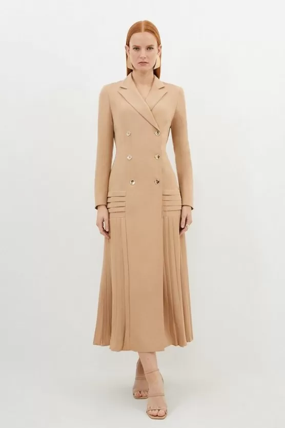 Clearance Karen Millen Pleated Button Detailed Woven Midi Dress nude