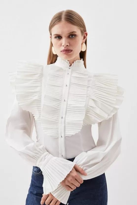 New Karen Millen Pleated Ruffle Woven Shirt white