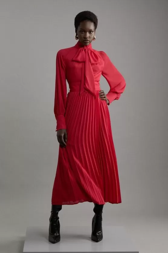 Flash Sale Karen Millen Pleated Tie Neck Woven Maxi Dress With Belt red