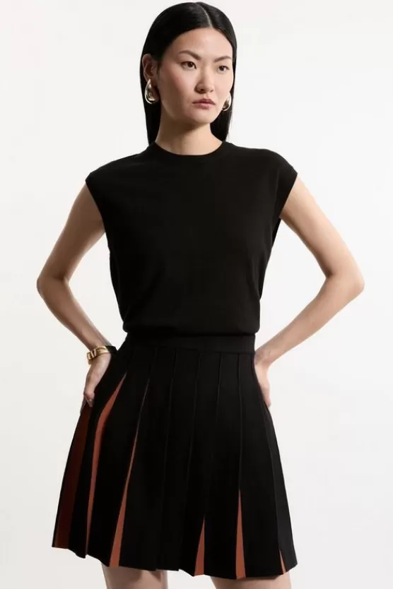 Hot Karen Millen Pleated Wool Look Contrast Knit Mini Skirt black