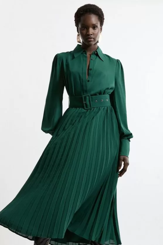 Discount Karen Millen Pleated Woven Midaxi Shirt Dress With Belt forest