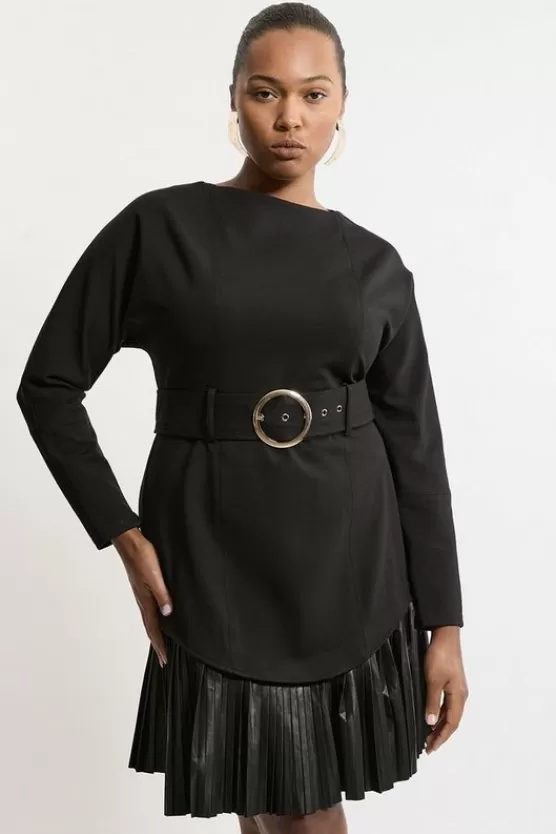 Outlet Karen Millen Plus Belted Pu And Ponte Jersey Frill Hem Mini Dress black