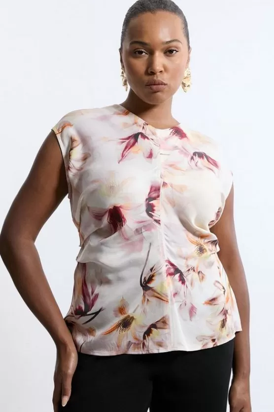 Outlet Karen Millen Plus Size Abstract Floral Satin Crepe Woven Gathered Detail Top pink