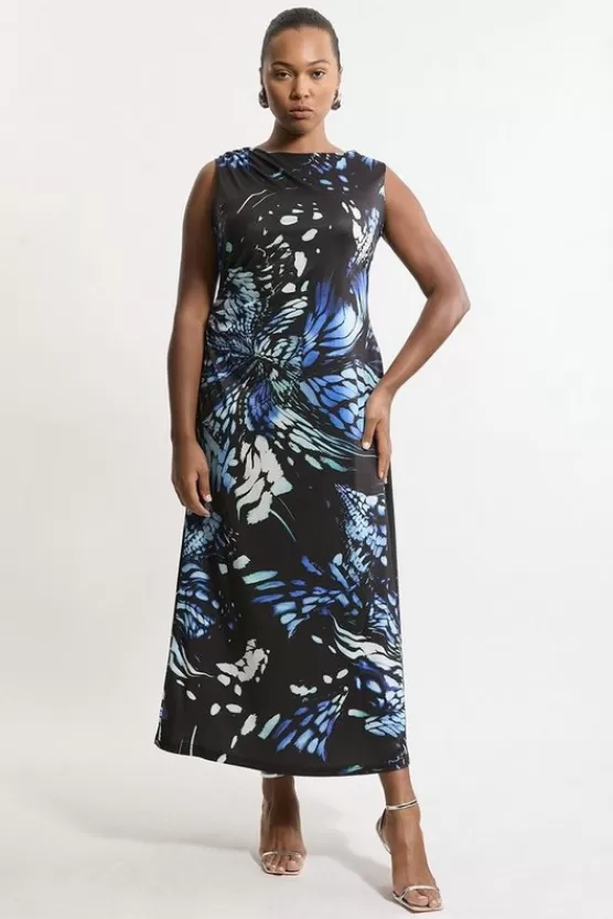 Store Karen Millen Plus Size Abstract Swirl Printed Jersey Crepe Maxi Dress navy