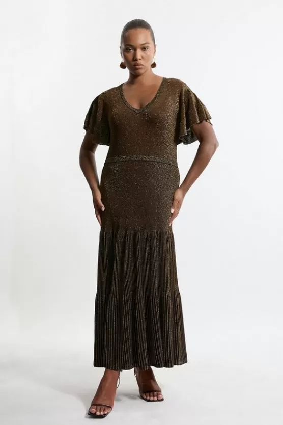 Shop Karen Millen Plus Size Angel Sleeve Sparkle Knit Full Skirted Midaxi Dress black