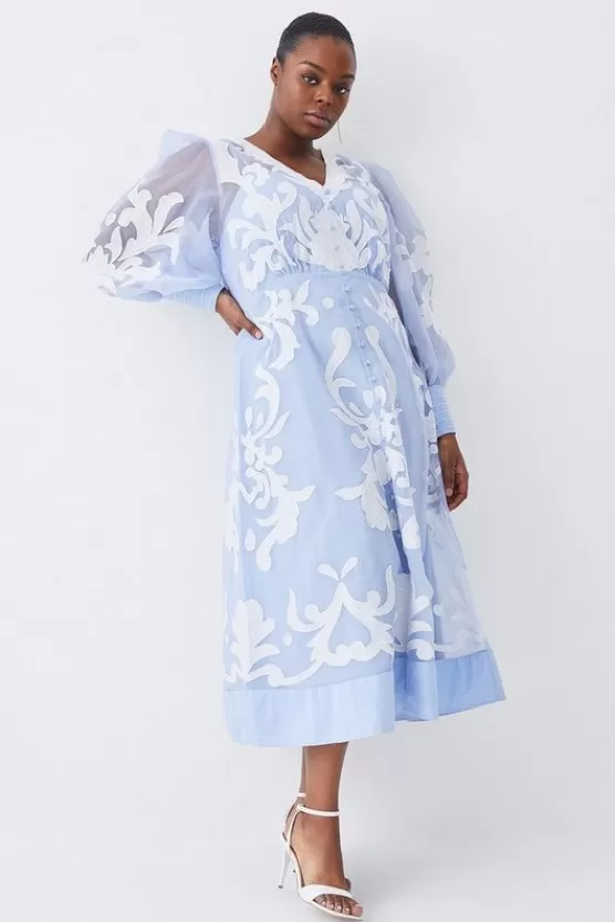 Shop Karen Millen Plus Size Applique Organdie Buttoned Woven Midi Dress babyblue