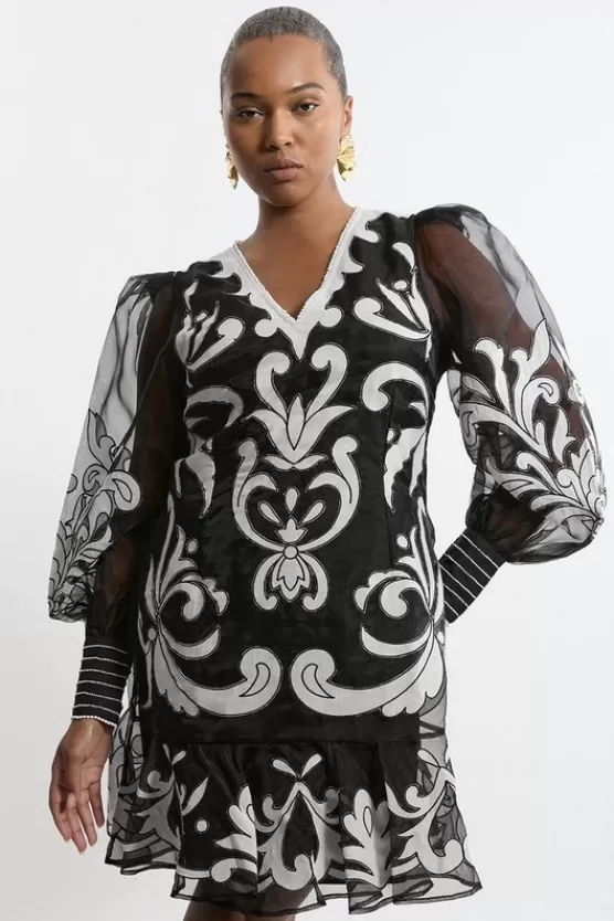 Shop Karen Millen Plus Size Applique Organdie Buttoned Woven Mini Dress mono