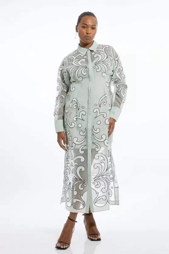 New Karen Millen Plus Size Applique Organdie Woven Midi Shirt Dress sage