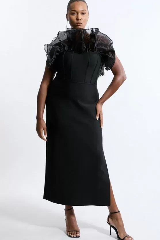 Cheap Karen Millen Plus Size Bandage Figure Form Tulle Frill Midaxi Dress black