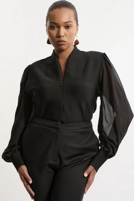 Flash Sale Karen Millen Plus Size Bandage Figure Form Zip Detail Chiffon Sleeve Knit Top black