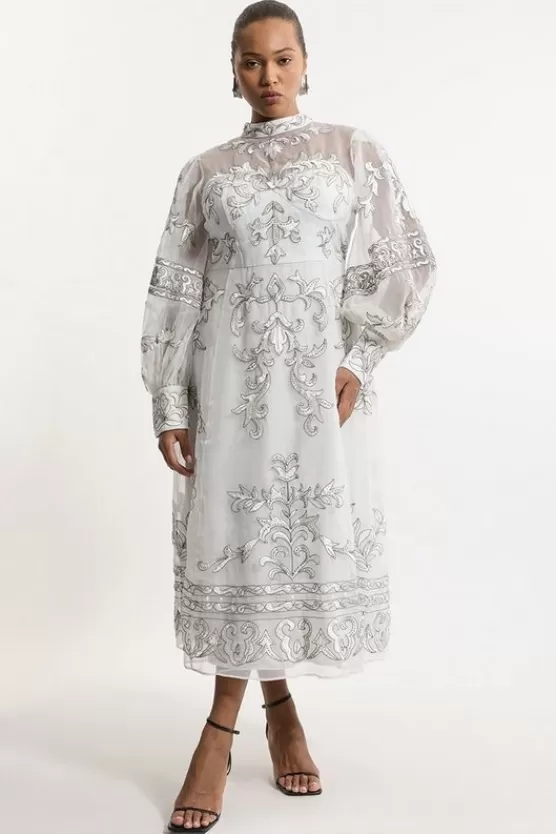 Shop Karen Millen Plus Size Baroque Organdie Applique Buttoned Woven Maxi Dress silver